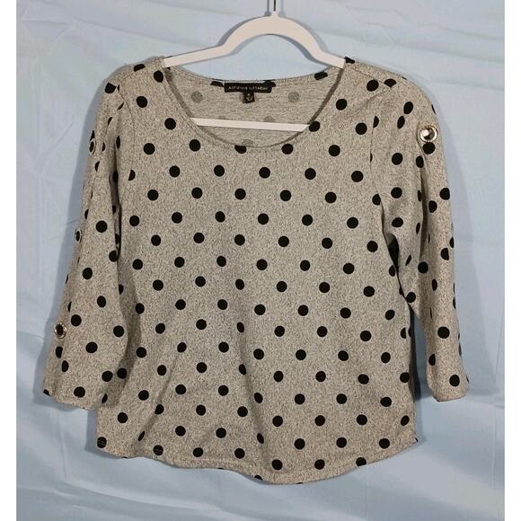 Adrienne Vittadini Womens PL Gray Polka Dot 3/4 Sleeve Top Grommets - Picture 1 of 8